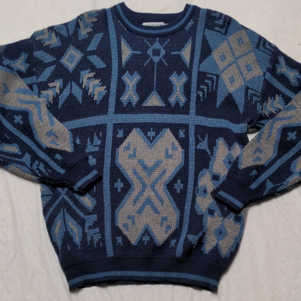 Trend Basics Vintage 90s Blue Gray Geometric Print Crewneck Grandpa Sweater XL